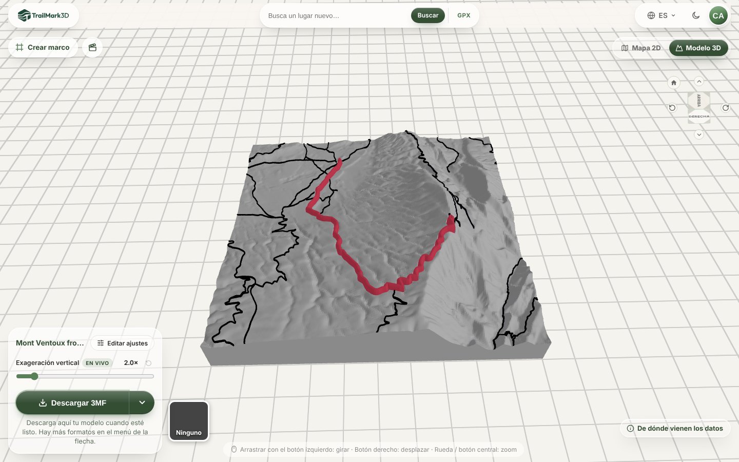 Un mapa impreso en 3D de la subida al Mont Ventoux desde Bédoin generado en TrailMark3D: terreno blanco con la subida en relieve en rojo y las carreteras principales en negro, en el visor 3D