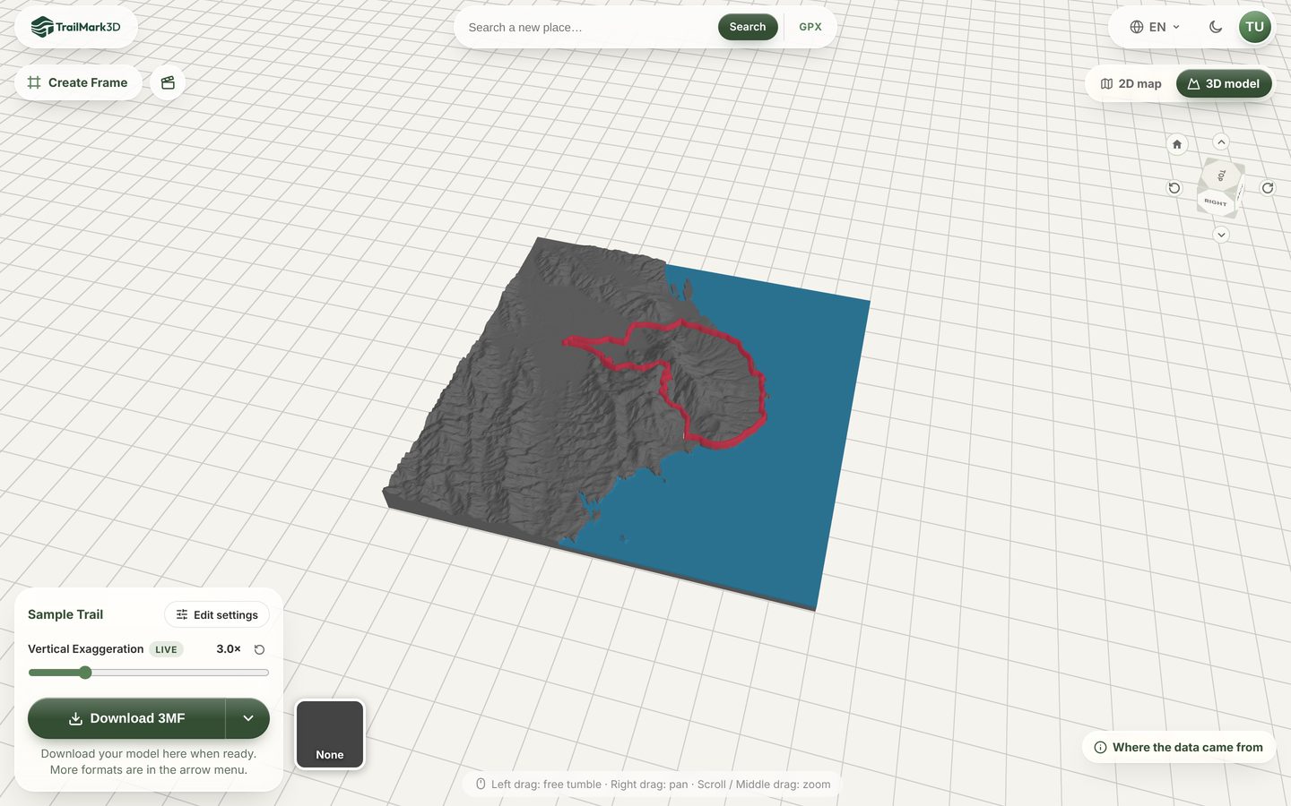 The TrailMark3D 3D viewer with a generated terrain model of a GPX trail and the Create a Reel button