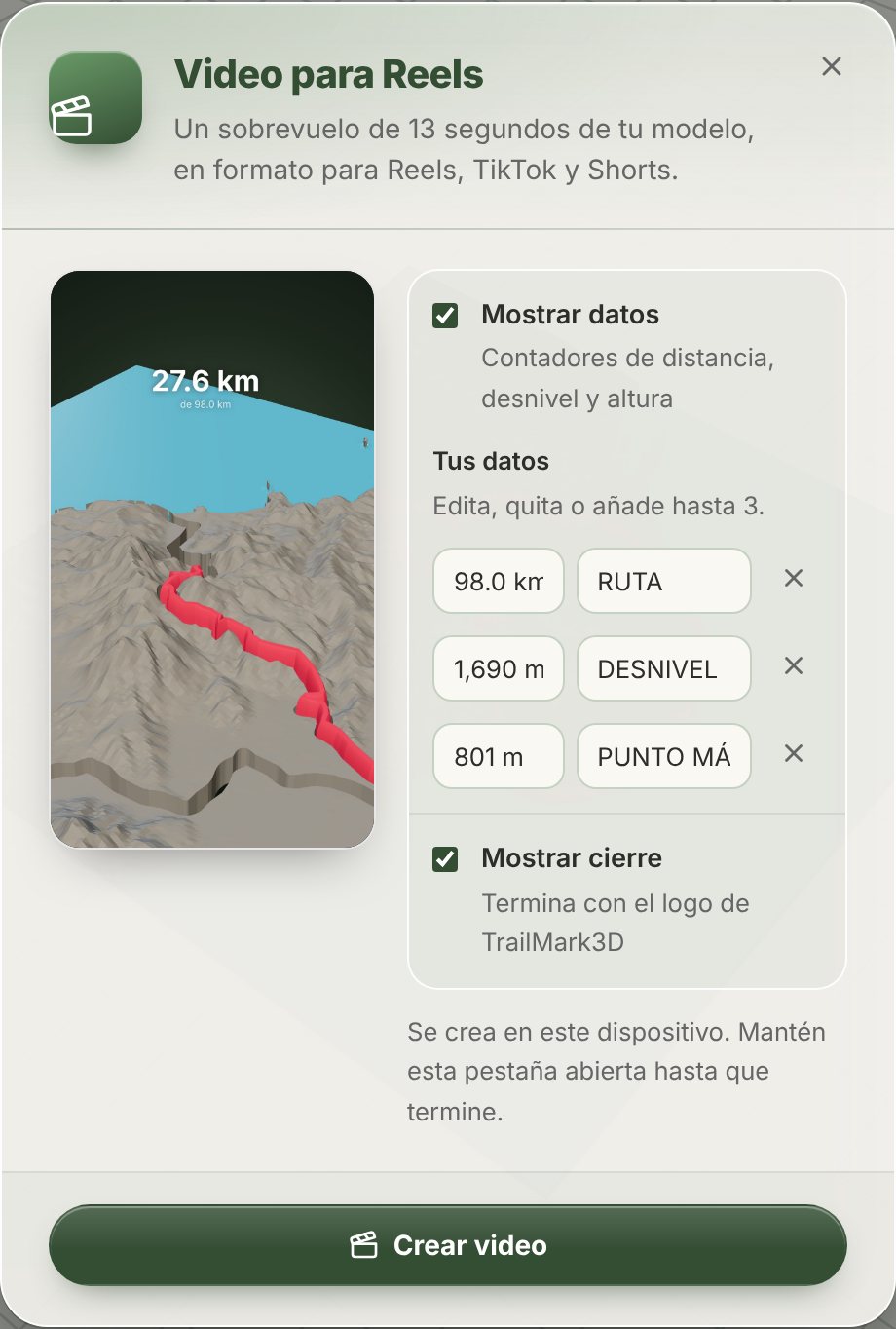 El cuadro Video para Reels de TrailMark3D con un fotograma de vista previa, los interruptores Mostrar datos y Mostrar cierre y los datos editables