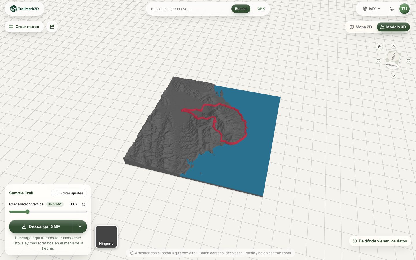El visor 3D de TrailMark3D con el modelo del terreno generado a partir de una ruta GPX y el botón Crear un Reel