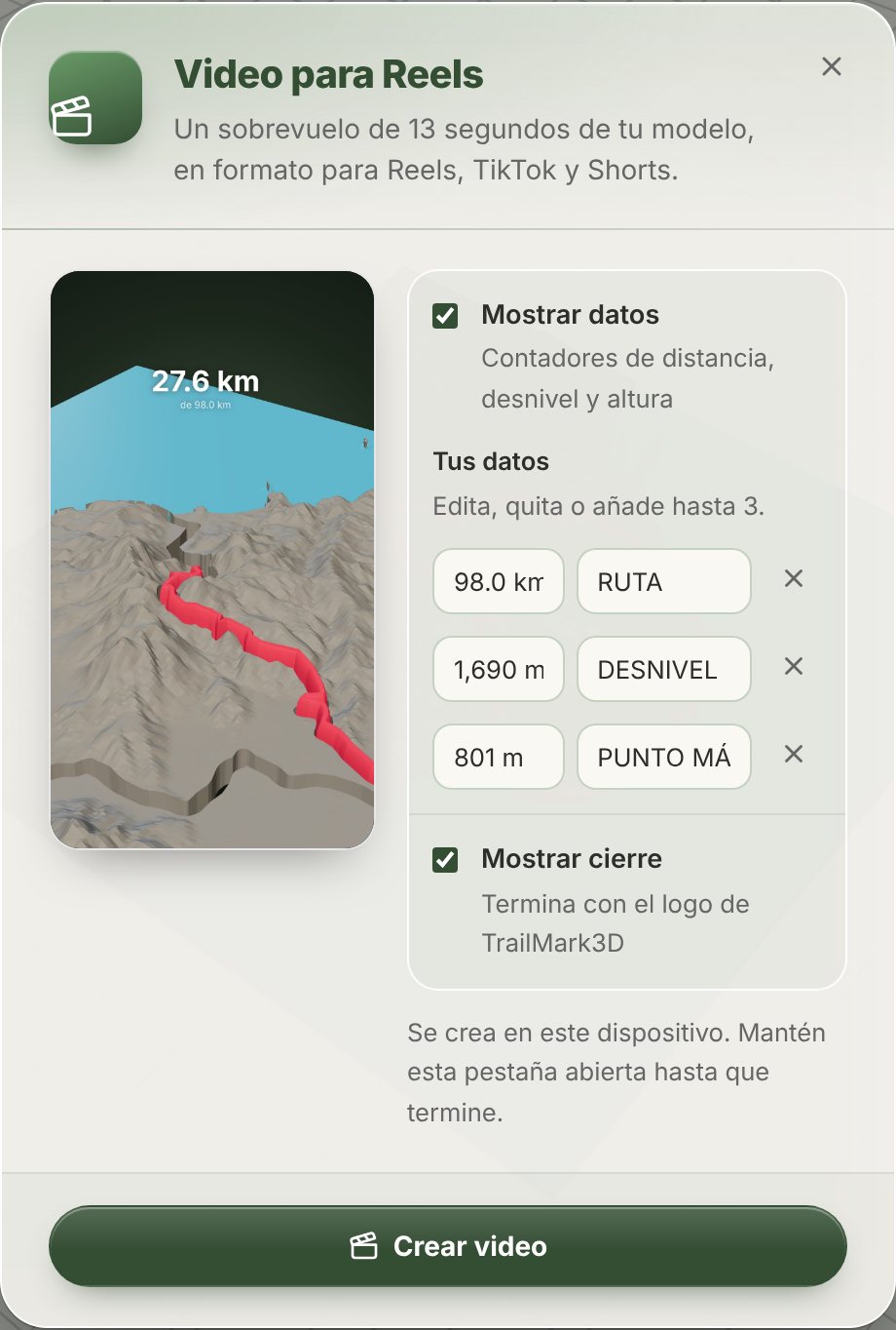 El cuadro Video para Reels de TrailMark3D con un fotograma de vista previa, los interruptores Mostrar datos y Mostrar cierre y los datos editables