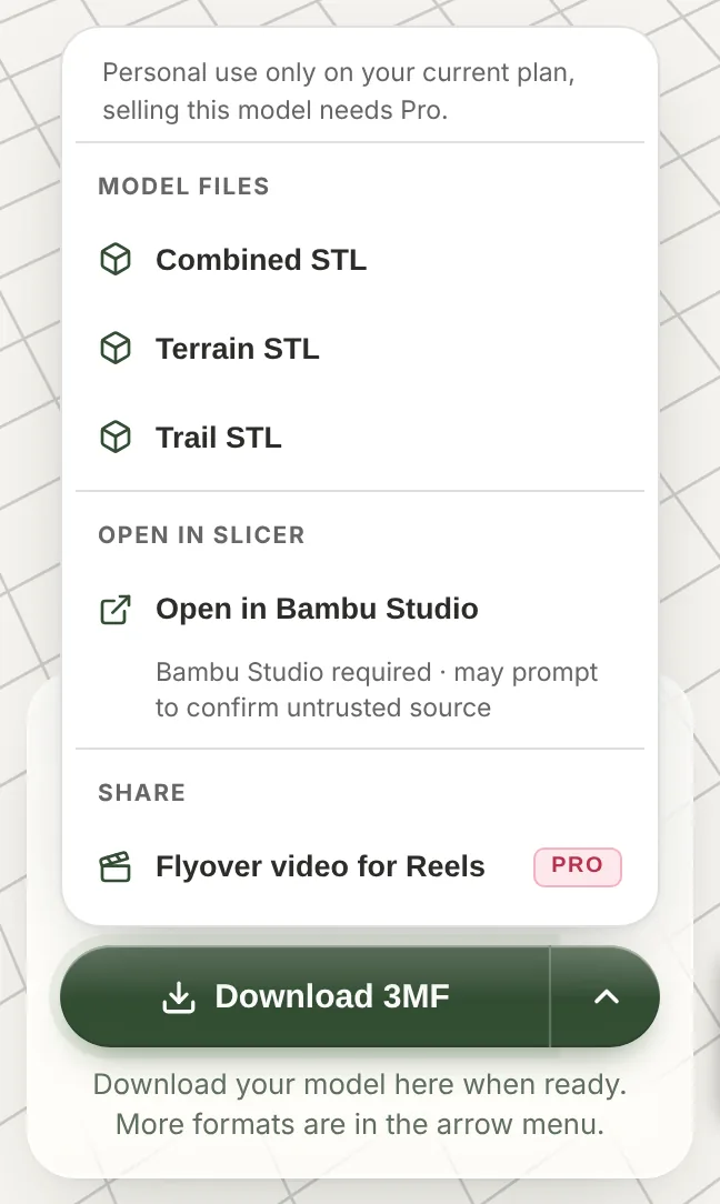 The TrailMark3D download menu with Combined STL, Terrain STL, Trail STL and Open in Bambu Studio above the Download 3MF button