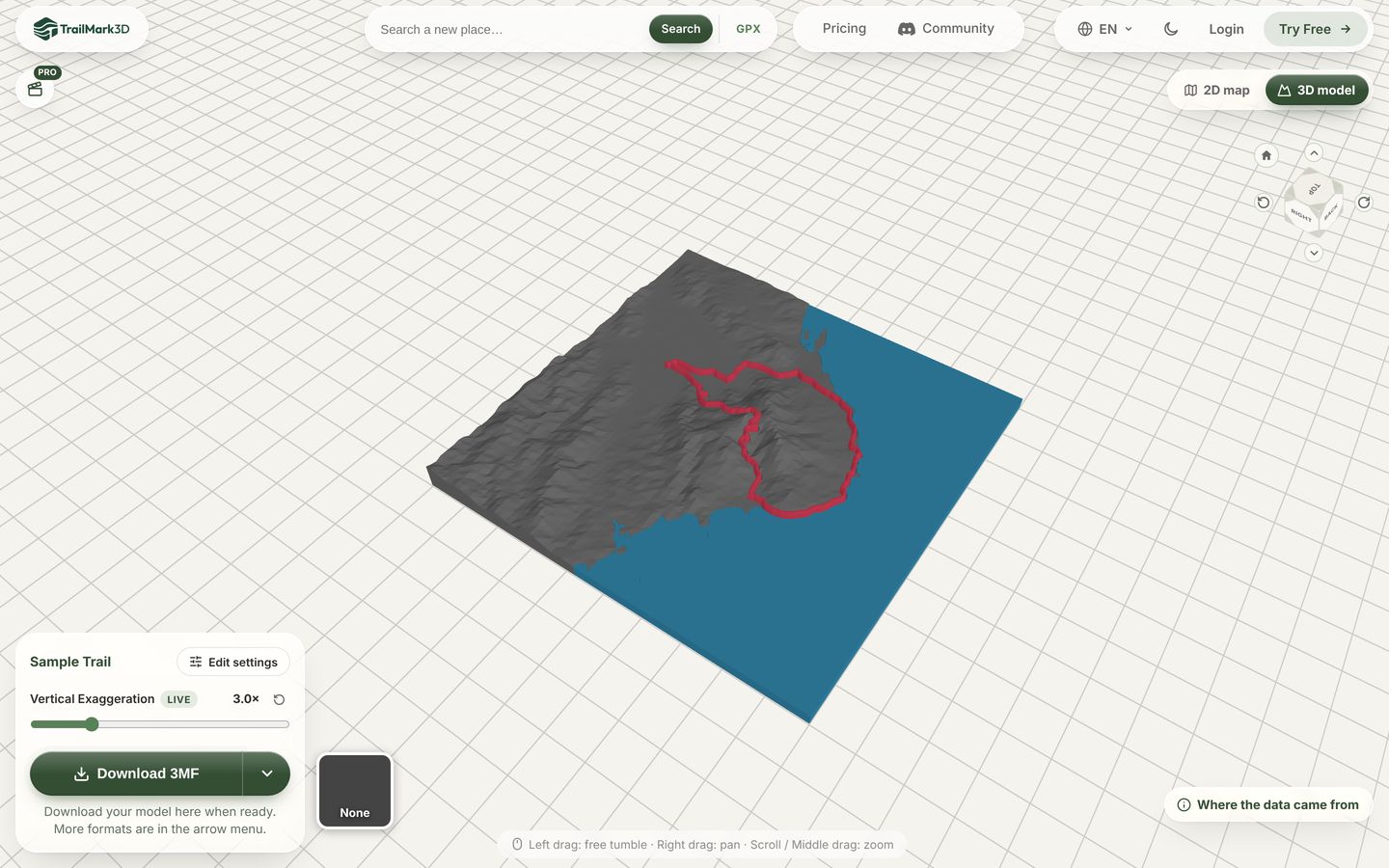 A 3D terrain model generated from a GPX file in TrailMark3D, with the red trail on gray mountains and blue sea
