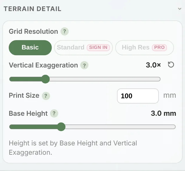 The Terrain Detail section with grid resolution, vertical exaggeration, print size and base height