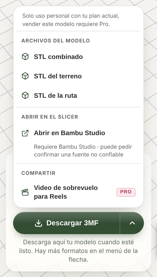El menú de descarga de TrailMark3D: STL combinado, STL del terreno, STL de la ruta, Abrir en Bambu Studio y el botón Descargar 3MF
