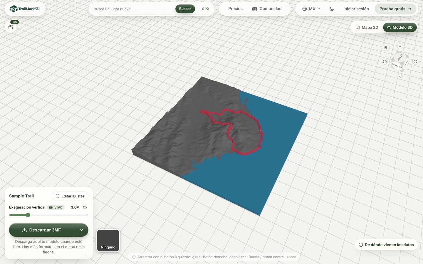 Un modelo 3D del terreno generado a partir de un archivo GPX en TrailMark3D, con la ruta roja sobre montañas grises y el mar azul