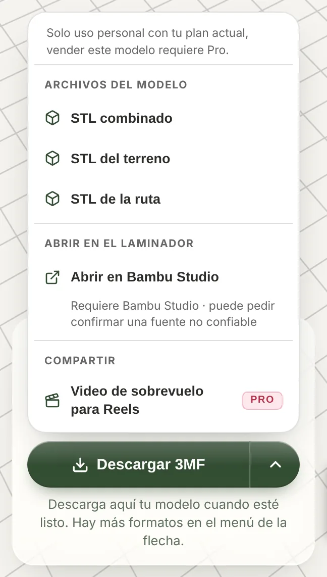 El menú de descarga de TrailMark3D con STL combinado, STL del terreno, STL de la ruta y Abrir en Bambu Studio sobre el botón Descargar 3MF