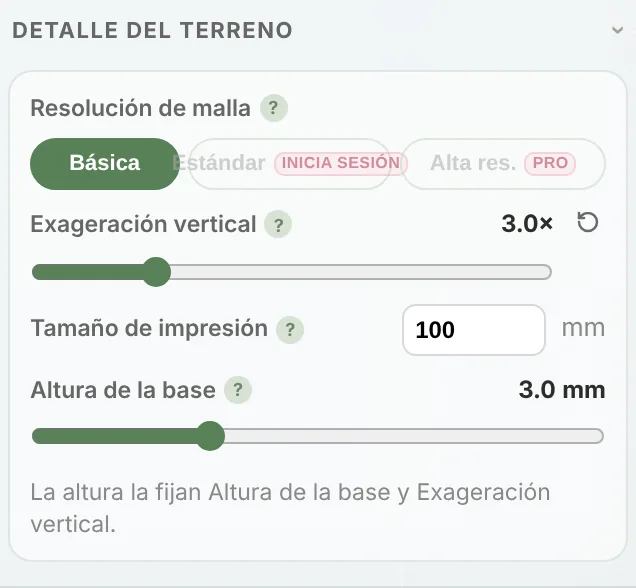 La sección Detalle del terreno con resolución de malla, exageración vertical, tamaño de impresión y altura de la base