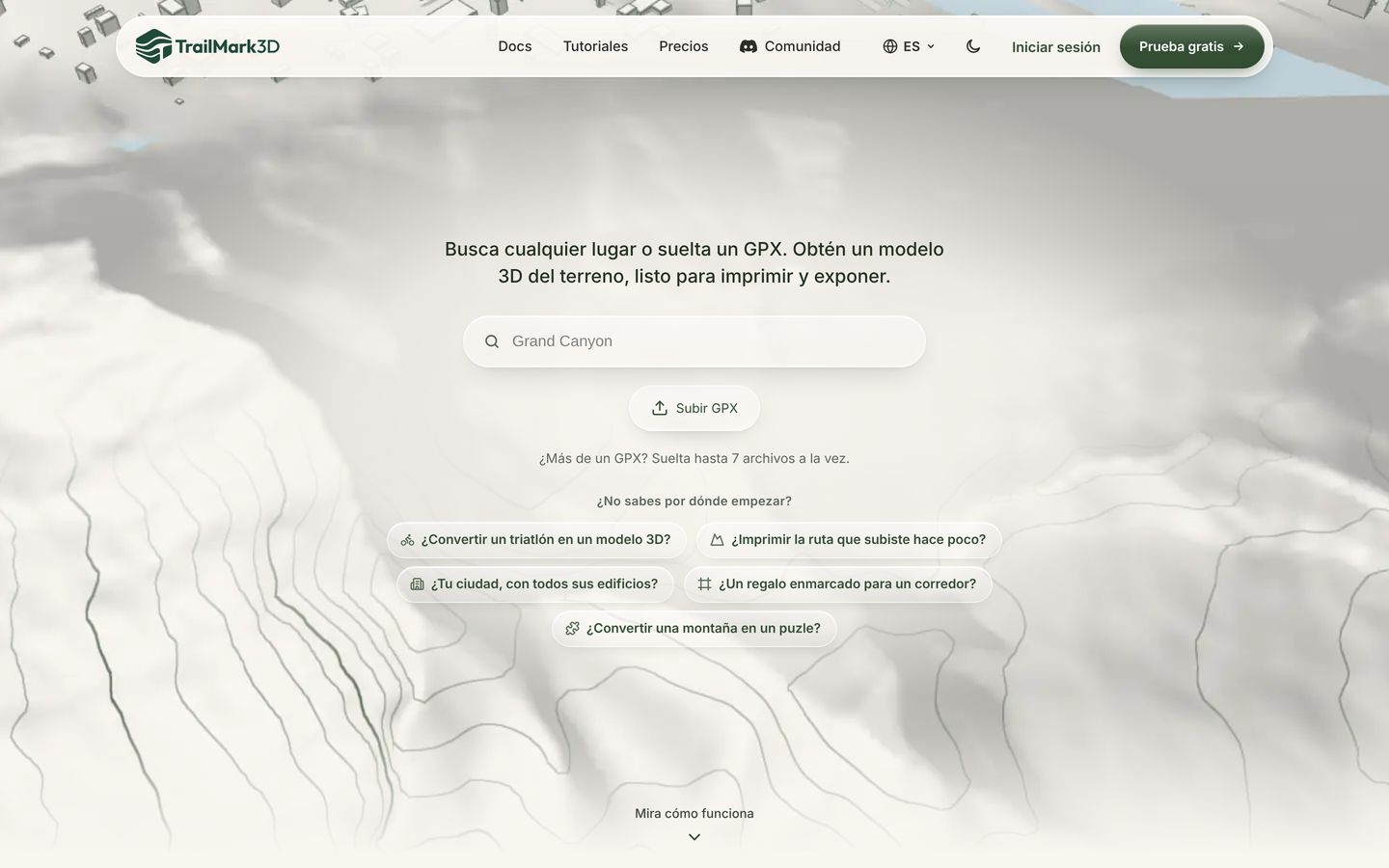 La página de inicio de TrailMark3D con el buscador de lugares y el botón Subir GPX