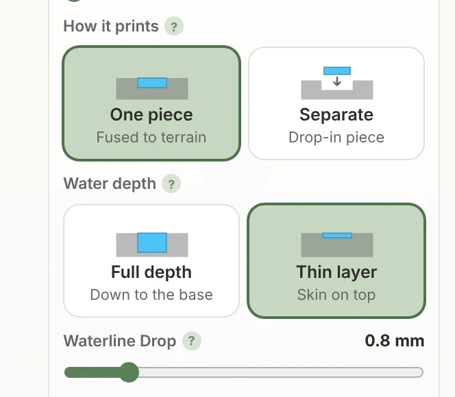 The water fit settings in TrailMark3D: How it prints (One piece or Separate), Water depth (Full depth or Thin layer) and Waterline Drop