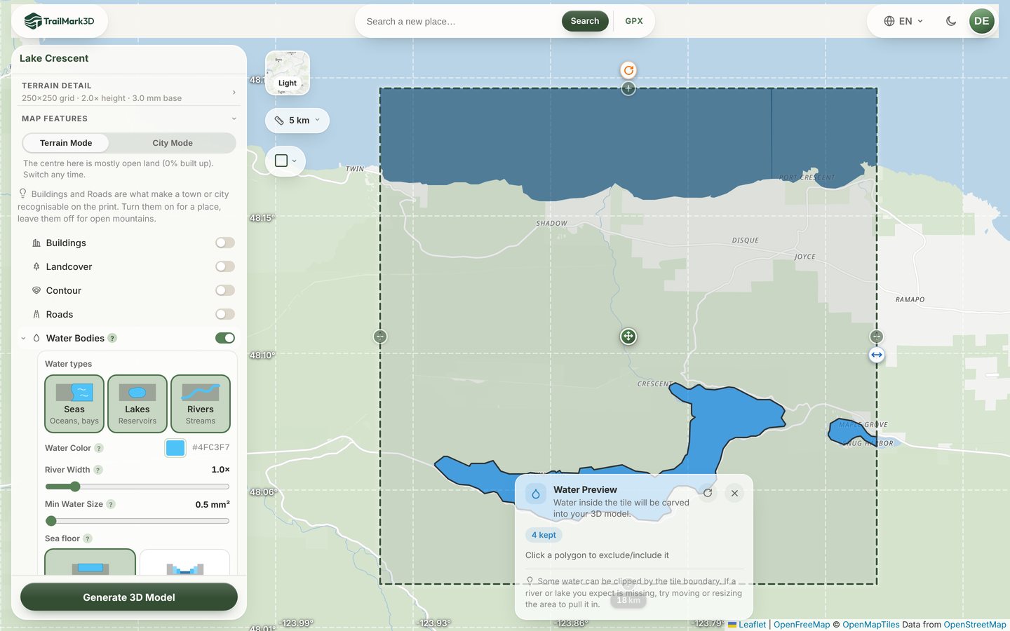 Lake Crescent in the TrailMark3D workspace with Water Bodies on, the lake and the Strait of Juan de Fuca highlighted in blue on the map and the Water Preview panel showing the water that will be carved
