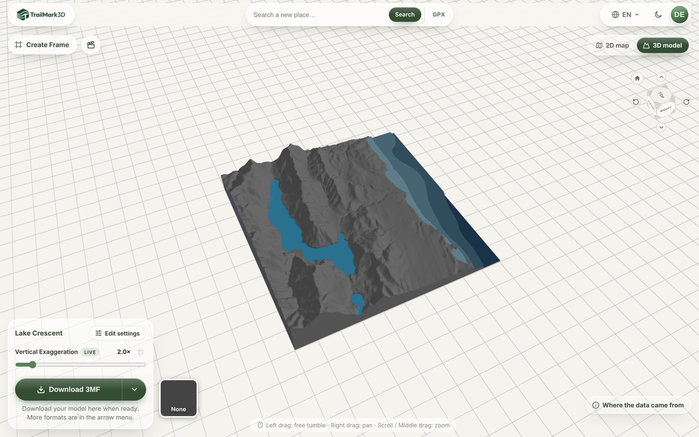 A 3D printed lake map of Lake Crescent generated in TrailMark3D, with the blue lake between grey mountains and the sea floor of the Strait of Juan de Fuca stepping down in five blue depth bands