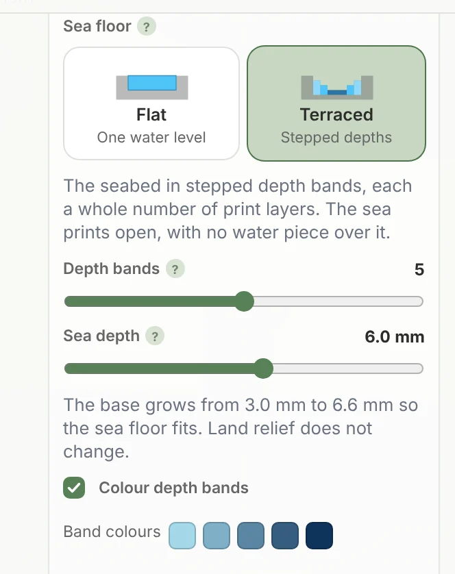 The Sea floor settings in TrailMark3D set to Terraced, with 5 depth bands, a 6 mm sea depth and five band colors from light to dark blue