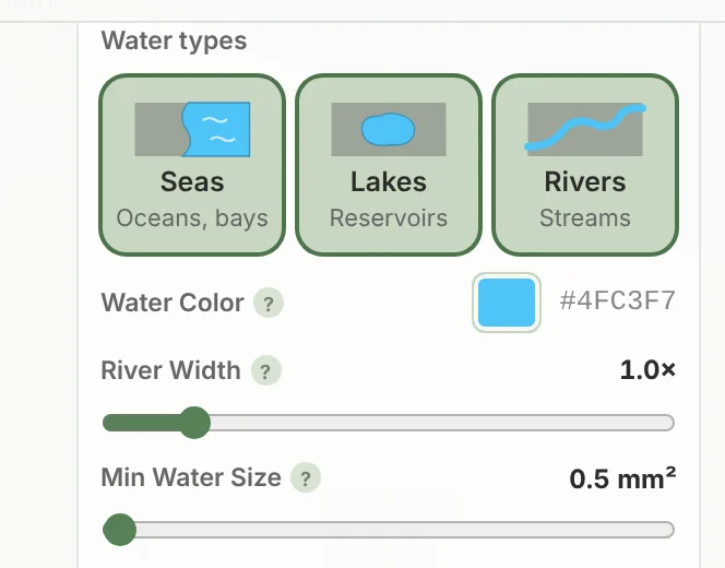 The Water Bodies settings in TrailMark3D: Seas, Lakes and Rivers cards, Water Color, River Width and Min Water Size
