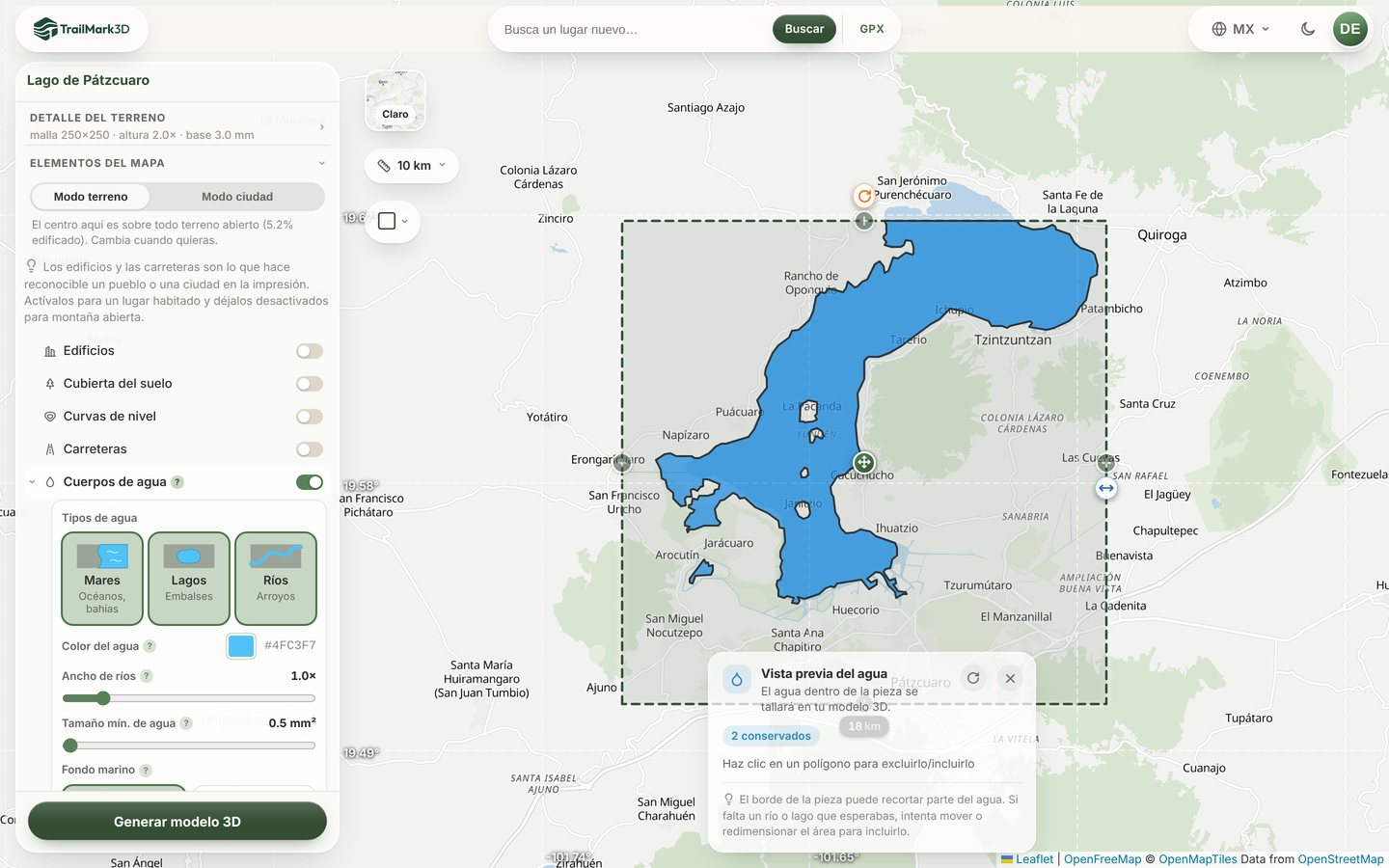 El Lago de Pátzcuaro en el espacio de trabajo de TrailMark3D con Cuerpos de agua activado, el lago resaltado en azul sobre el mapa y el panel Vista previa del agua con el agua que se va a tallar