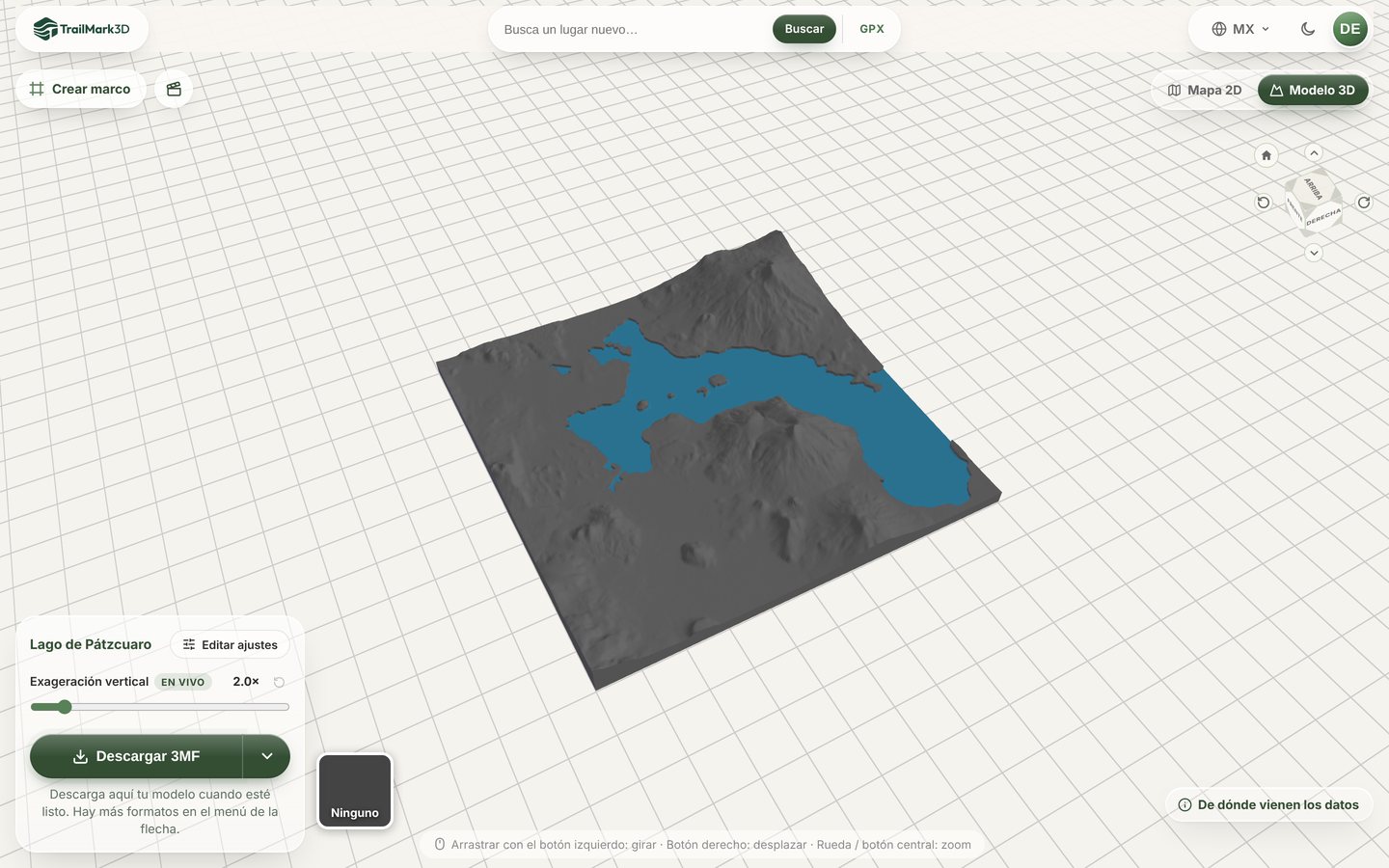 Un mapa 3D del Lago de Pátzcuaro generado en TrailMark3D, con el lago azul en su cuenca, sus islas y los cerros grises alrededor