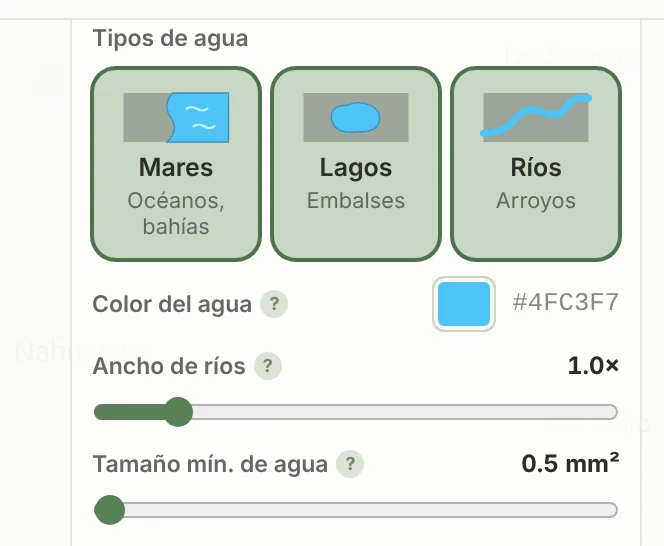 Los ajustes de Cuerpos de agua en TrailMark3D: las tarjetas Mares, Lagos y presas y Ríos, Color del agua, Ancho de ríos y Tamaño mín. de agua