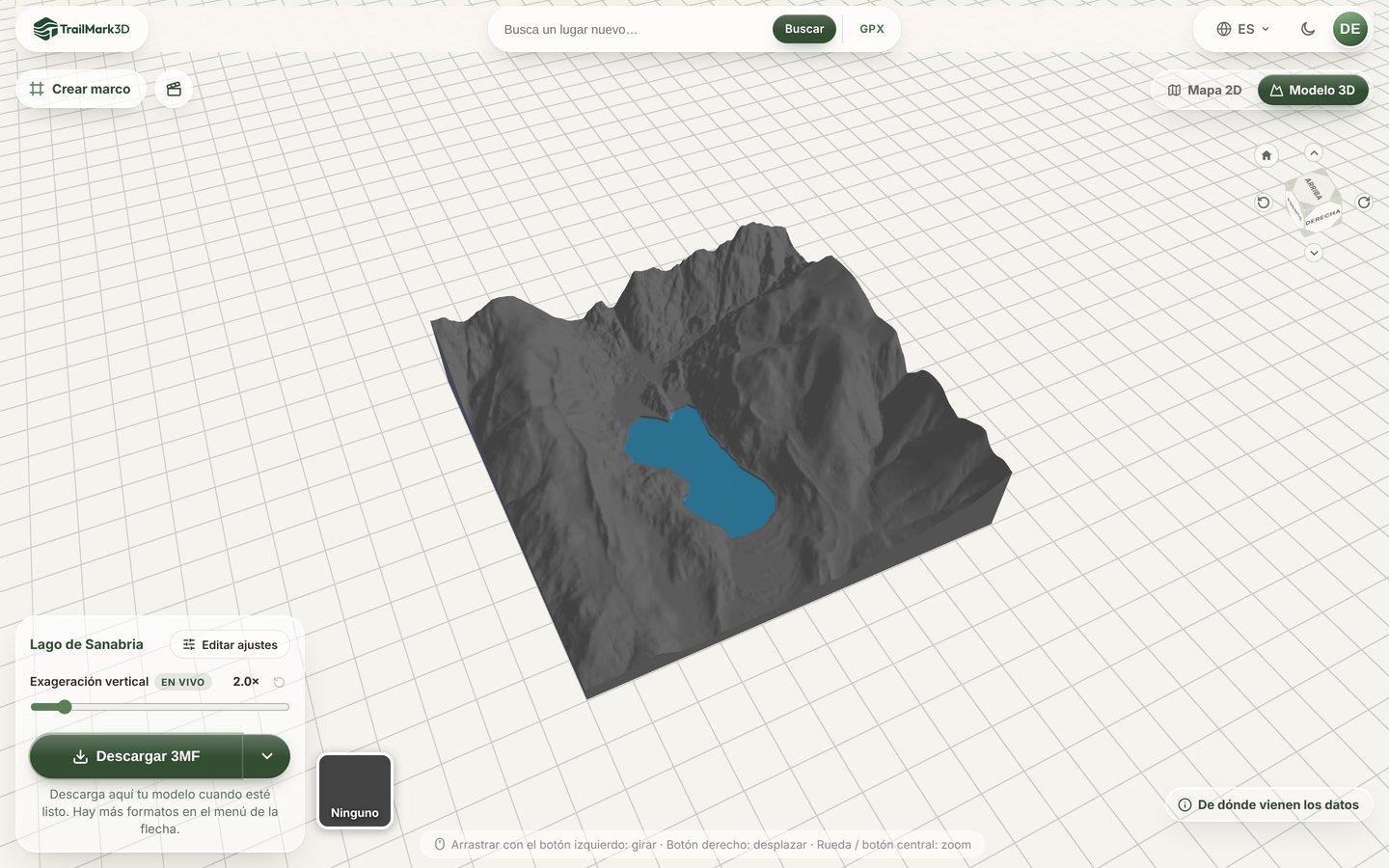 Un mapa 3D del Lago de Sanabria generado en TrailMark3D, con el lago azul en su cubeta glaciar entre las laderas grises de la sierra