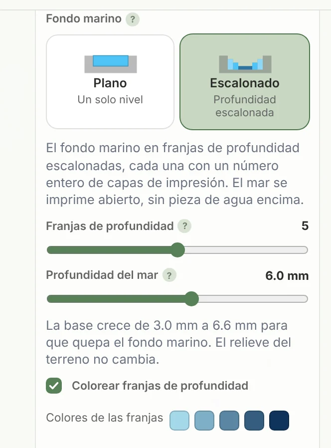 Los ajustes de Fondo marino en TrailMark3D en Escalonado, con 5 franjas de profundidad, 6 mm de profundidad del mar y cinco colores de franja del azul claro al oscuro
