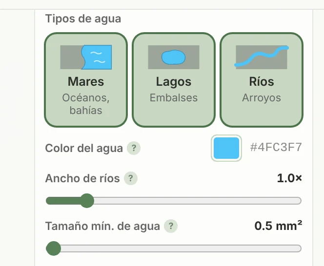 Los ajustes de Masas de agua en TrailMark3D: las tarjetas Mares, Lagos y Ríos, Color del agua, Ancho de ríos y Tamaño mín. de agua