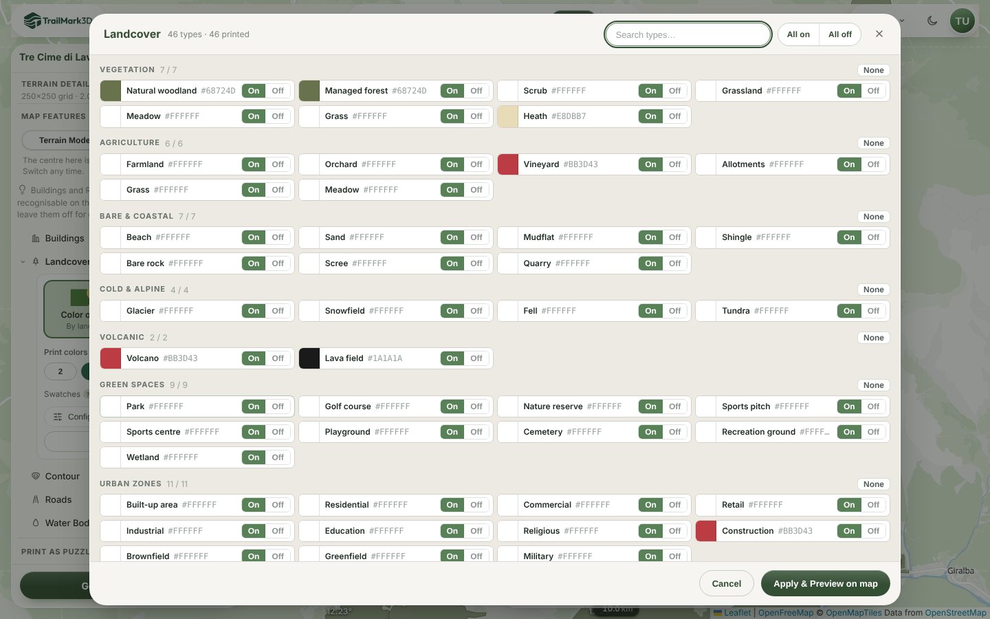 The Configure Landcover Features window in TrailMark3D with land types in groups such as vegetation, agriculture, bare and coastal, and cold and alpine, each with its color and an On and Off switch