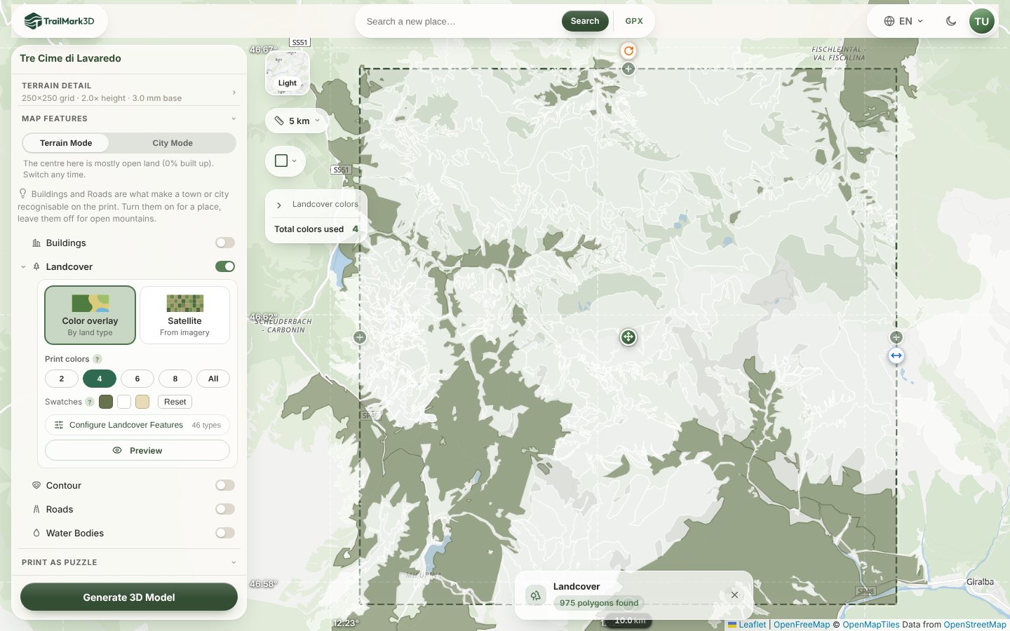 The TrailMark3D workspace with Landcover on, Color overlay selected, 4 print colors, three swatches recolored with Bambu Lab filaments and the forests of the Tre Cime di Lavaredo in the landcover preview on the map
