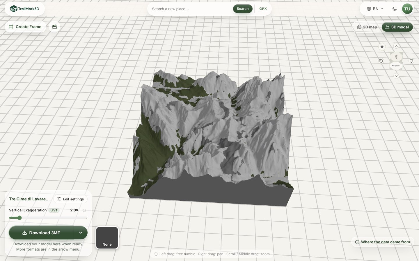 A 3D terrain model of the Tre Cime di Lavaredo generated in TrailMark3D with Landcover Color overlay: green forest on the lower slopes and white open land and rock above, in the 3D viewer
