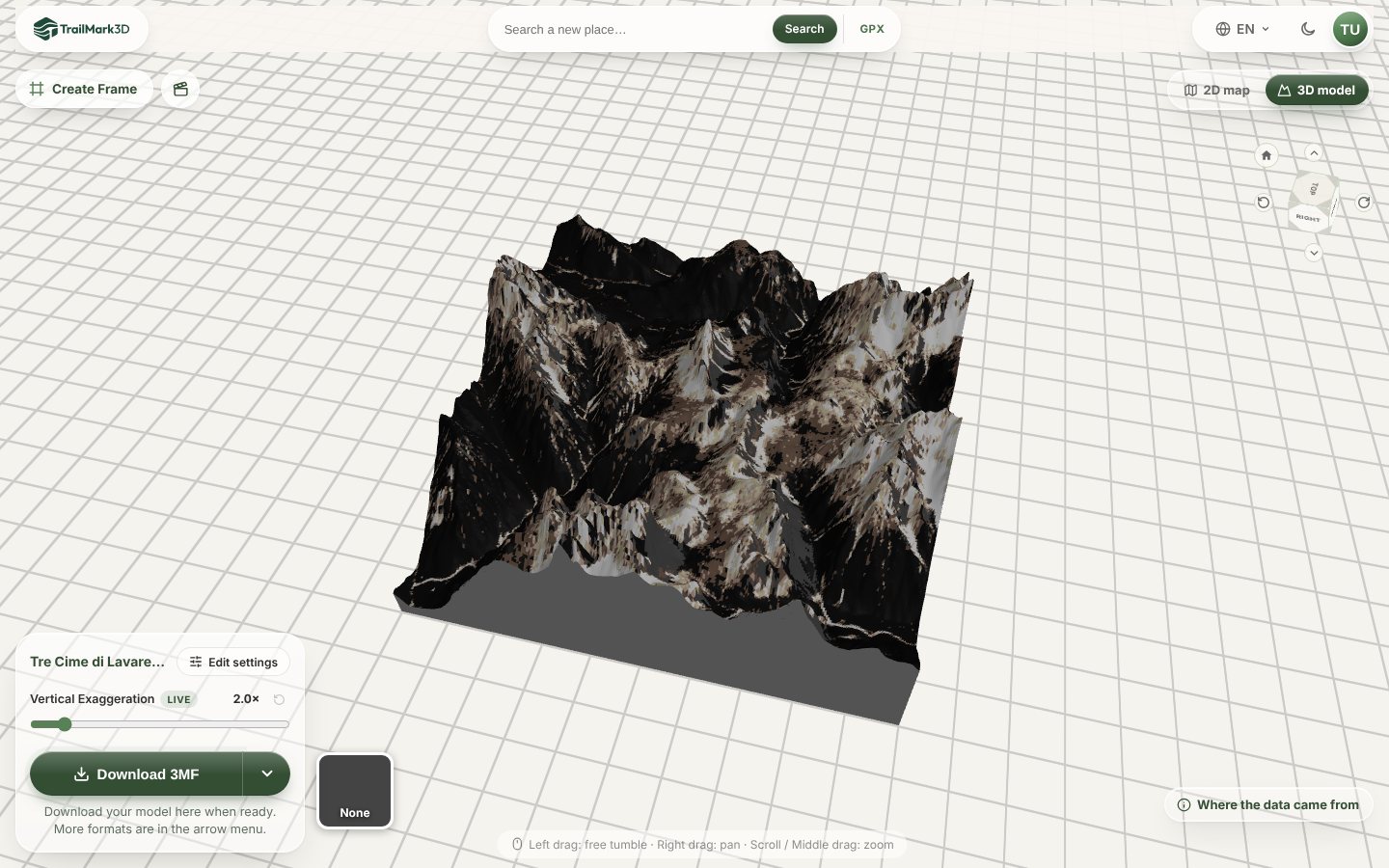 A 3D printed map of the Tre Cime di Lavaredo generated in TrailMark3D with satellite colors: dark forest, brown and grey scree and pale limestone peaks, in the 3D viewer