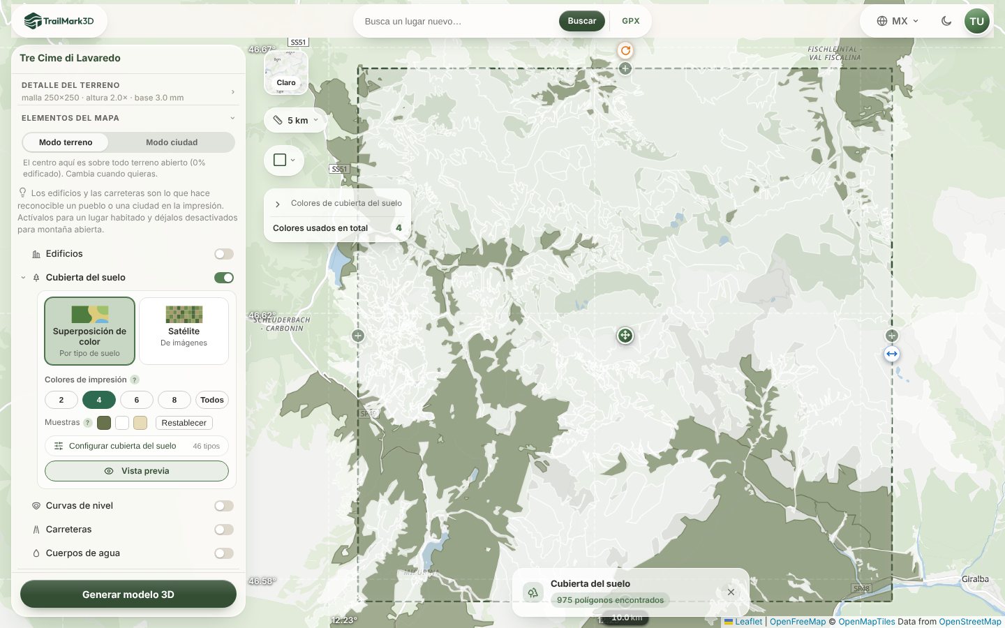 El espacio de trabajo de TrailMark3D con Cubierta del suelo activada, Superposición de color, 4 colores de impresión, tres muestras cambiadas por filamentos de Bambu Lab y los bosques de las Tre Cime di Lavaredo en la vista previa del mapa