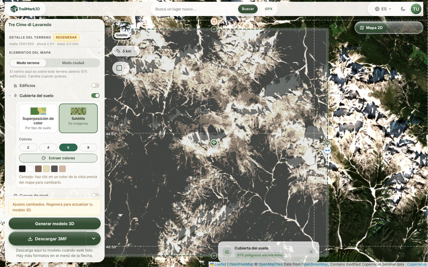 El espacio de trabajo de TrailMark3D con Cubierta del suelo en Satélite, 6 colores extraídos de las imágenes Sentinel-2 y las Tre Cime di Lavaredo con la paleta de satélite reducida en el mapa