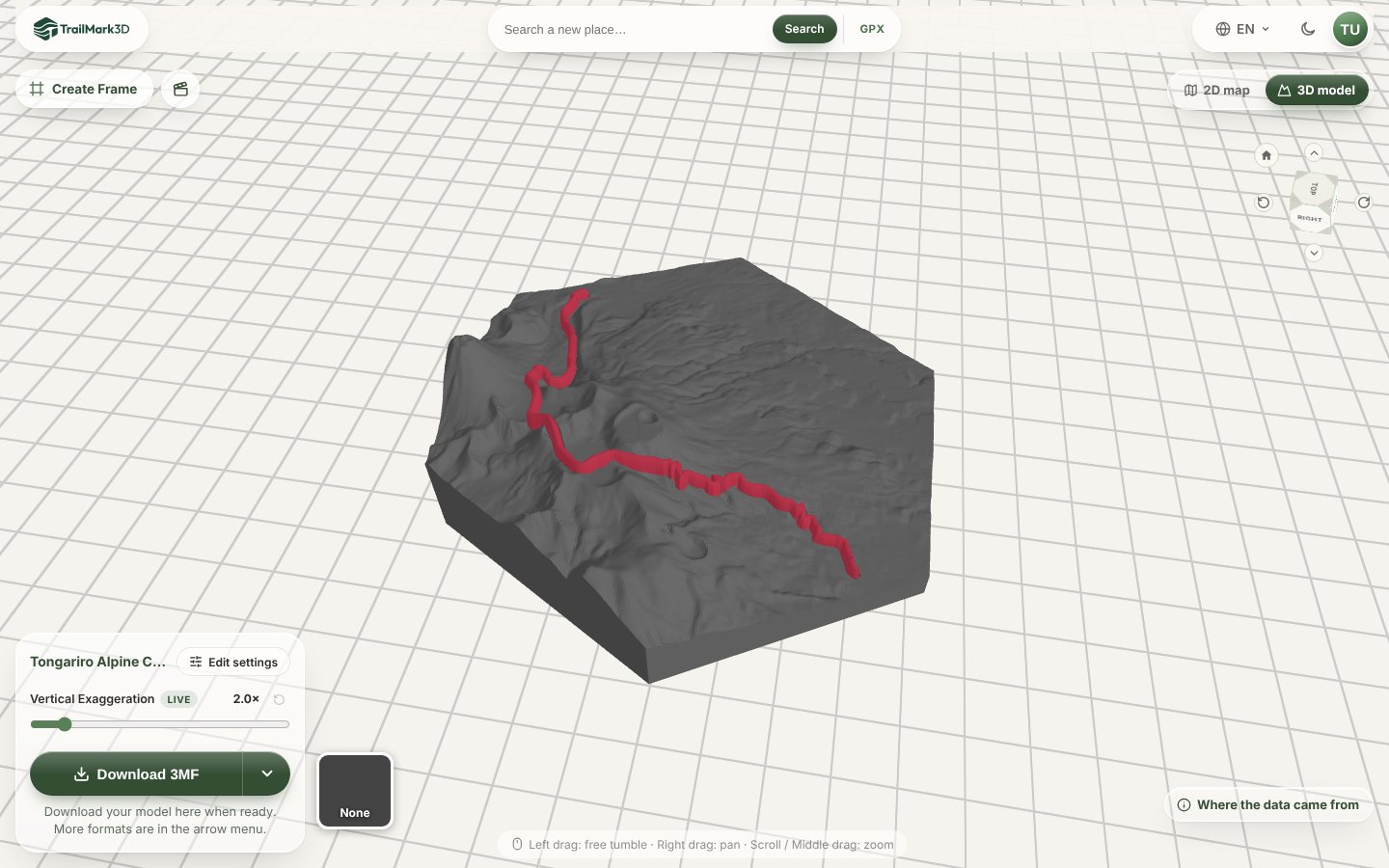 A hexagon 3D printed map of the Tongariro Alpine Crossing generated in TrailMark3D, with the volcanic plateau and the trail raised in red, in the 3D viewer