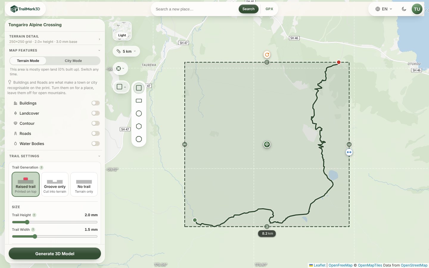 The TrailMark3D workspace with the shape picker open on the 2D map, showing square, rectangle, circle, hexagon and octagon, and the Tongariro Alpine Crossing inside a square tile