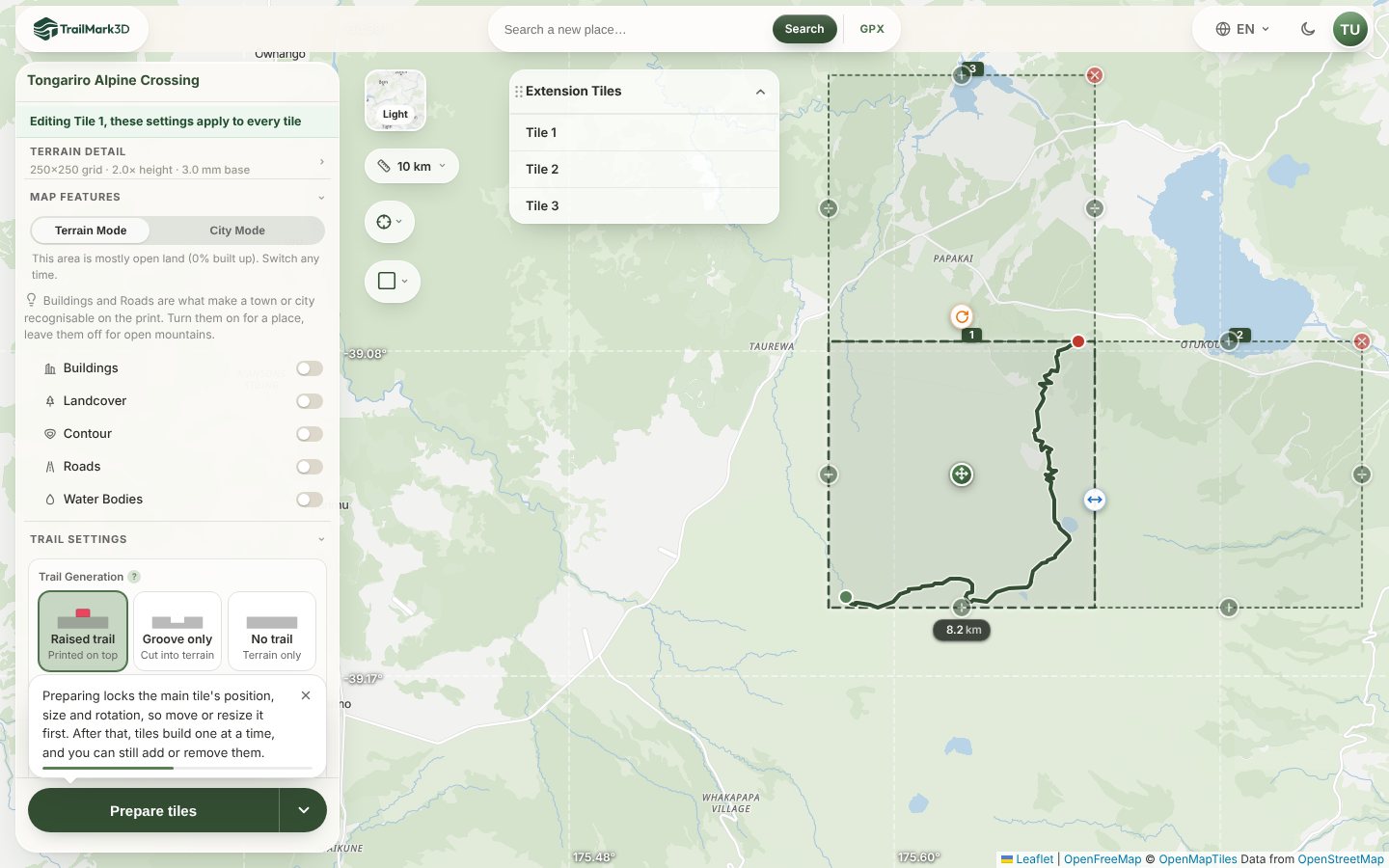 The TrailMark3D 2D map with the main tile around the Tongariro Alpine Crossing and two extension tiles added to the north and east, the Extension Tiles list and the Prepare tiles button