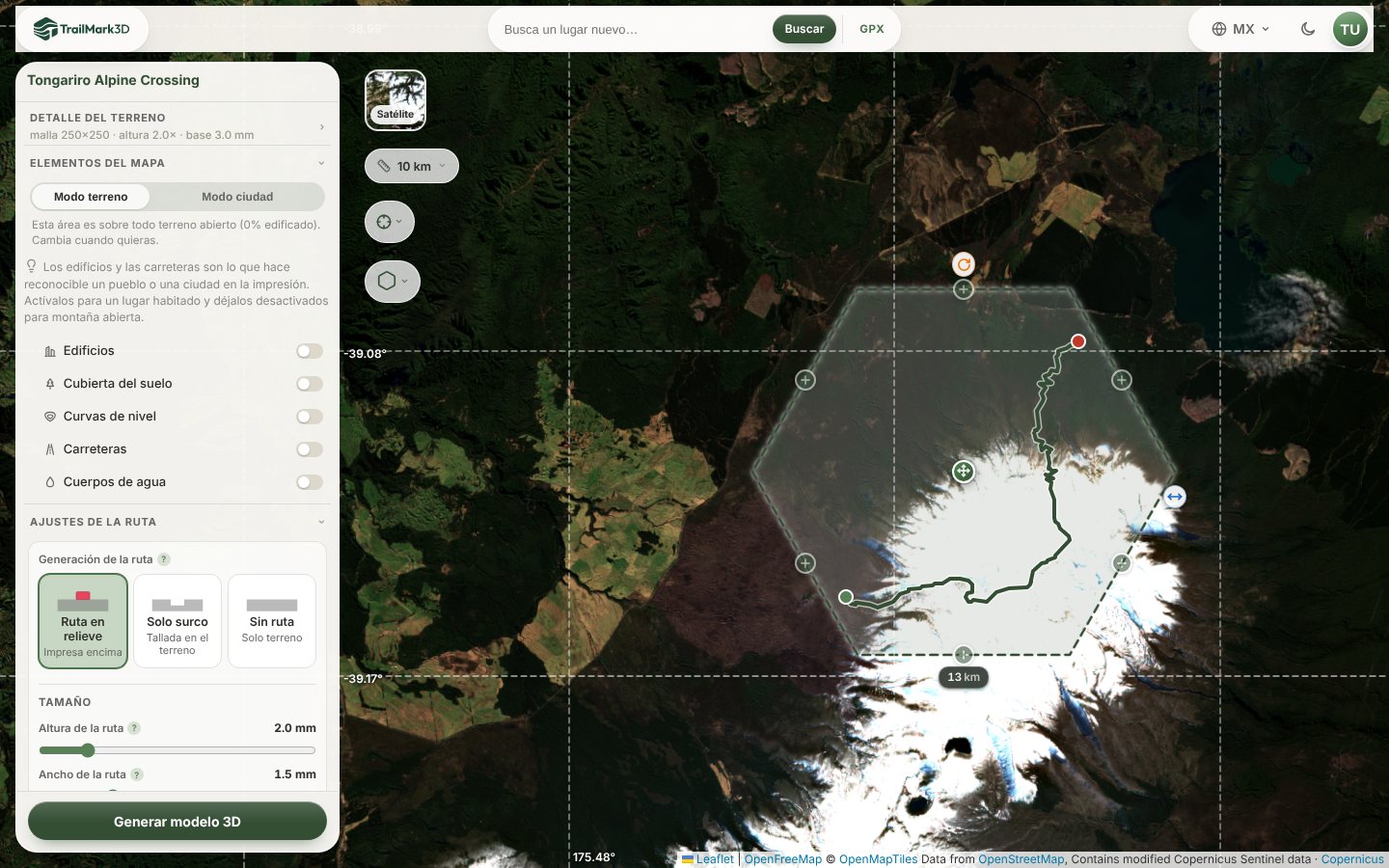El Tongariro Alpine Crossing dentro de una placa hexagonal de 13 km sobre el mapa de satélite de TrailMark3D, con los controles para mover, cambiar el tamaño y girar, y la etiqueta del ancho bajo la placa