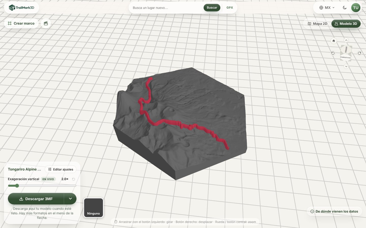 Un mapa hexagonal impreso en 3D del Tongariro Alpine Crossing generado en TrailMark3D, con la meseta volcánica y la ruta en relieve en rojo, en el visor 3D