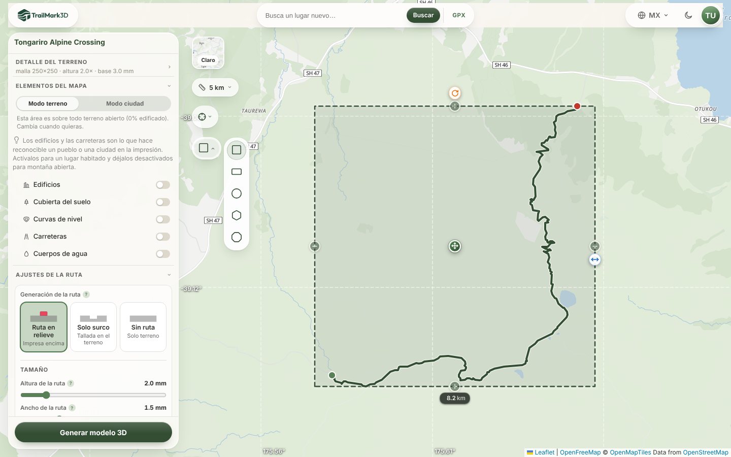 El espacio de trabajo de TrailMark3D con el selector de forma abierto en el mapa 2D, con cuadrado, rectángulo, círculo, hexágono y octágono, y el Tongariro Alpine Crossing dentro de una placa cuadrada