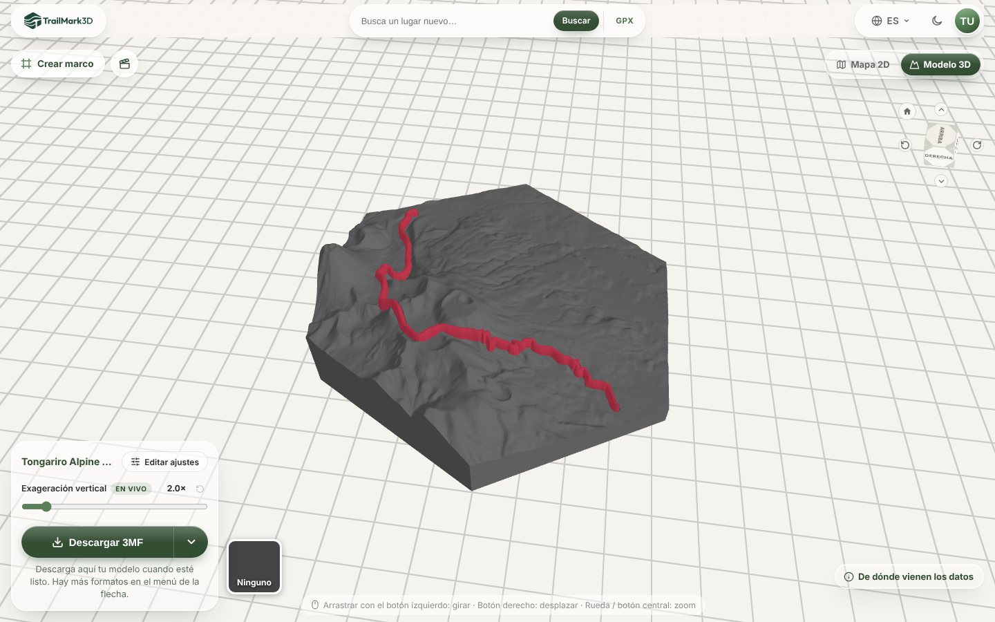 Un mapa hexagonal impreso en 3D del Tongariro Alpine Crossing generado en TrailMark3D, con la meseta volcánica y la ruta en relieve en rojo, en el visor 3D