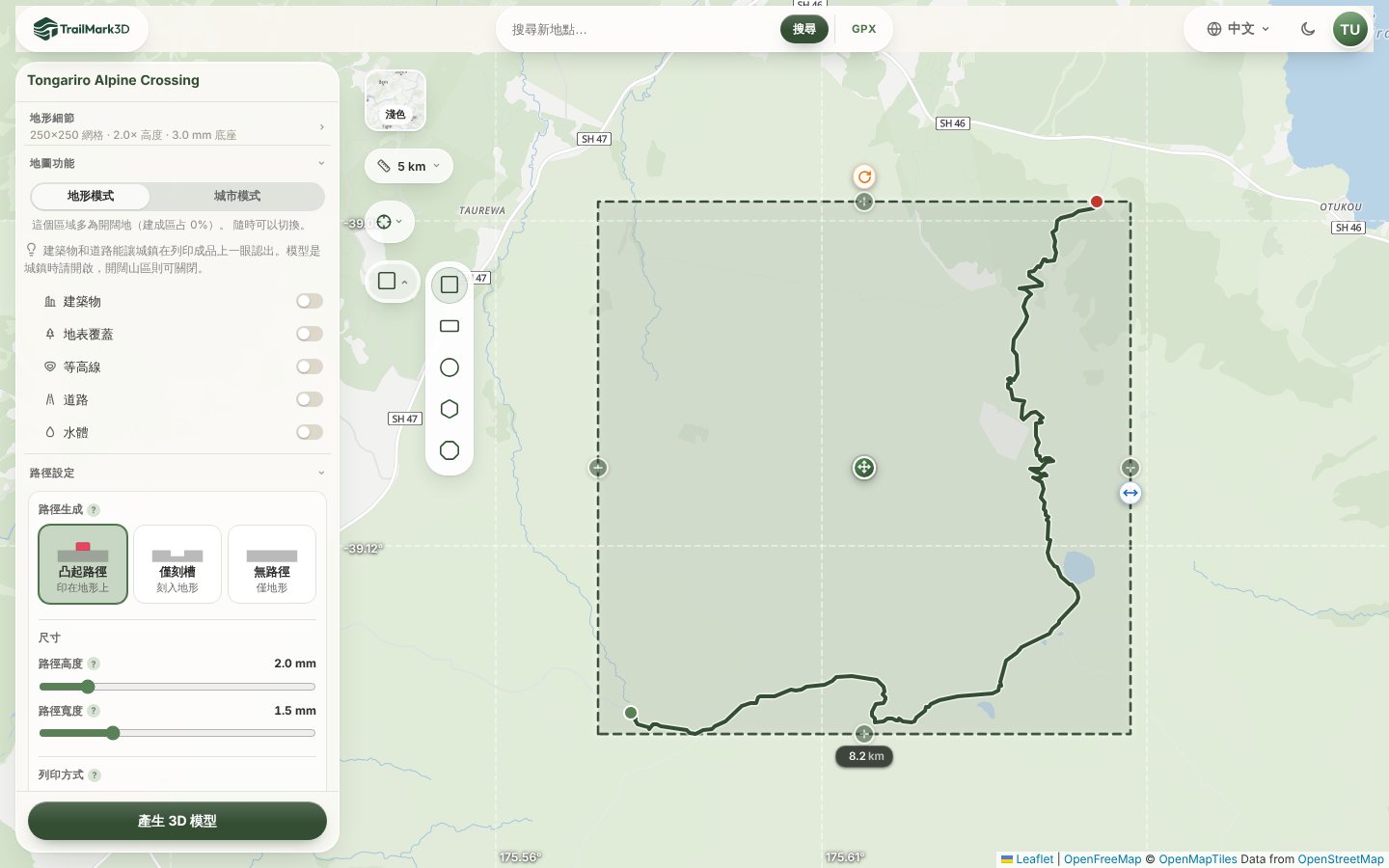TrailMark3D 工作區,2D 地圖上的形狀選擇器已打開,列出方形、矩形、圓形、六邊形和八邊形,東加里羅高山步道位在方形圖塊內