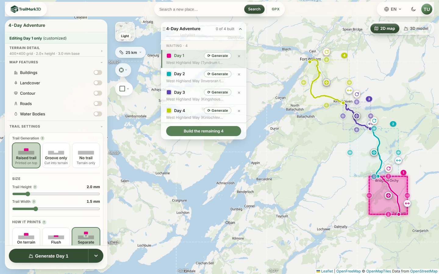 The TrailMark3D workspace with four days of the West Highland Way on the map, each day in its own tile and trail color from Tyndrum to Fort William, and the 4-Day Adventure list with Build the remaining 4