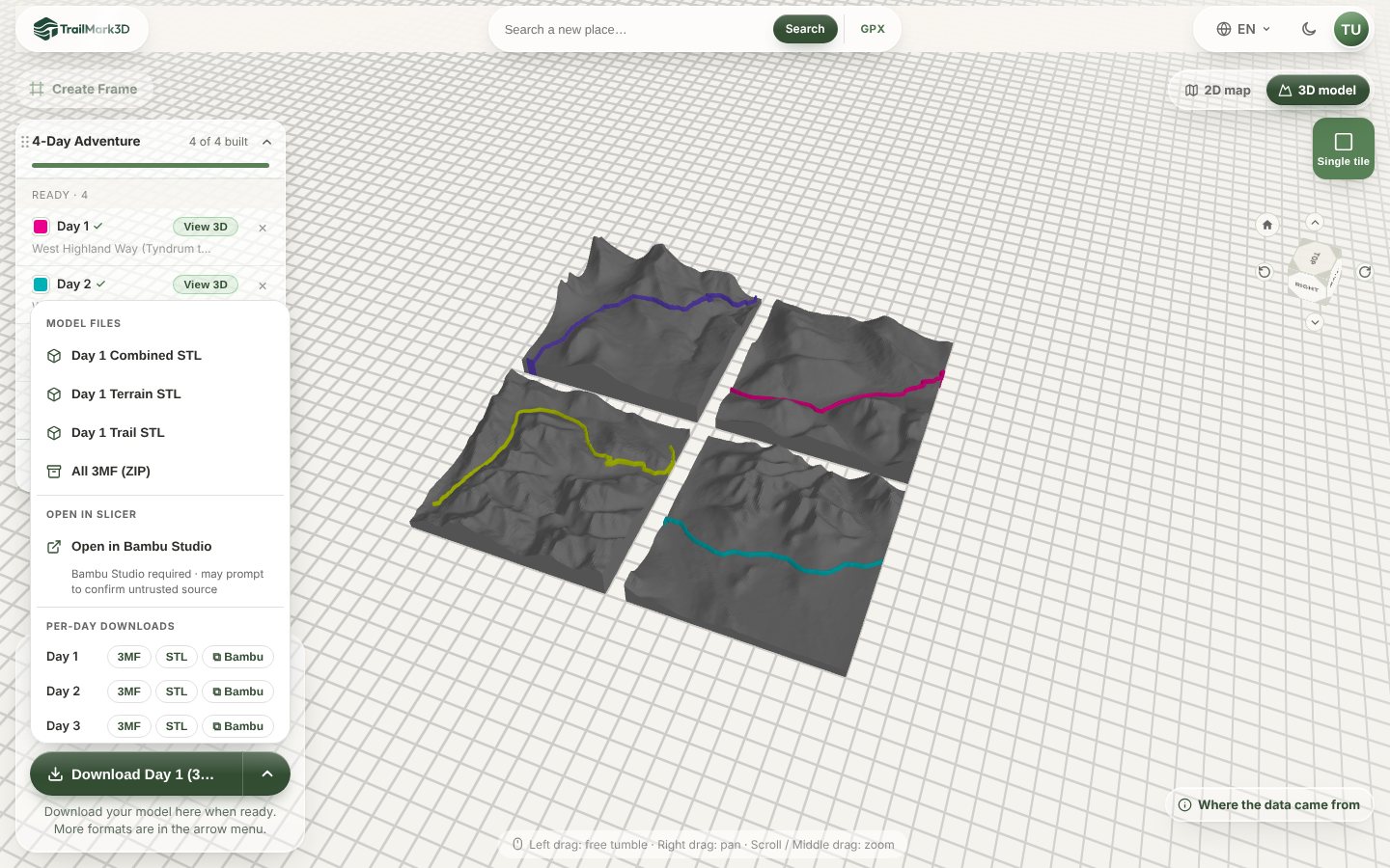 The TrailMark3D download menu for a 4-day trip with the model files, All 3MF (ZIP), Open in Bambu Studio and Per-Day Downloads with 3MF, STL and Bambu buttons for each day