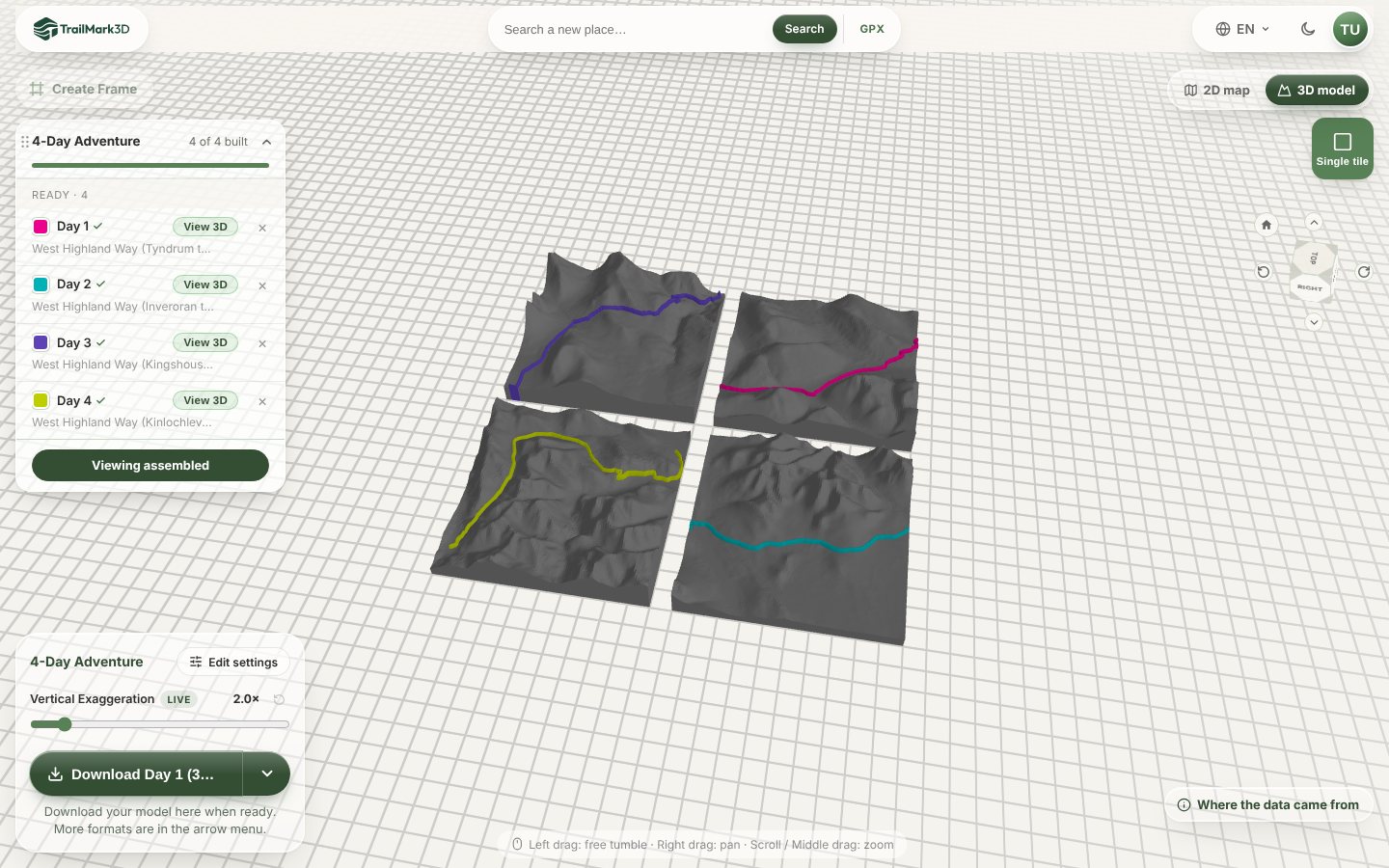 Four days of the West Highland Way as four 3D printed map tiles in TrailMark3D, each with the day's trail raised in its own color, assembled in the 3D viewer
