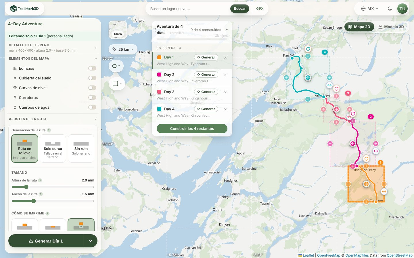 El espacio de trabajo de TrailMark3D con cuatro días de la West Highland Way en el mapa, cada día en su placa y color de ruta de Tyndrum a Fort William, y la lista Aventura de 4 días con Construir los 4 restantes