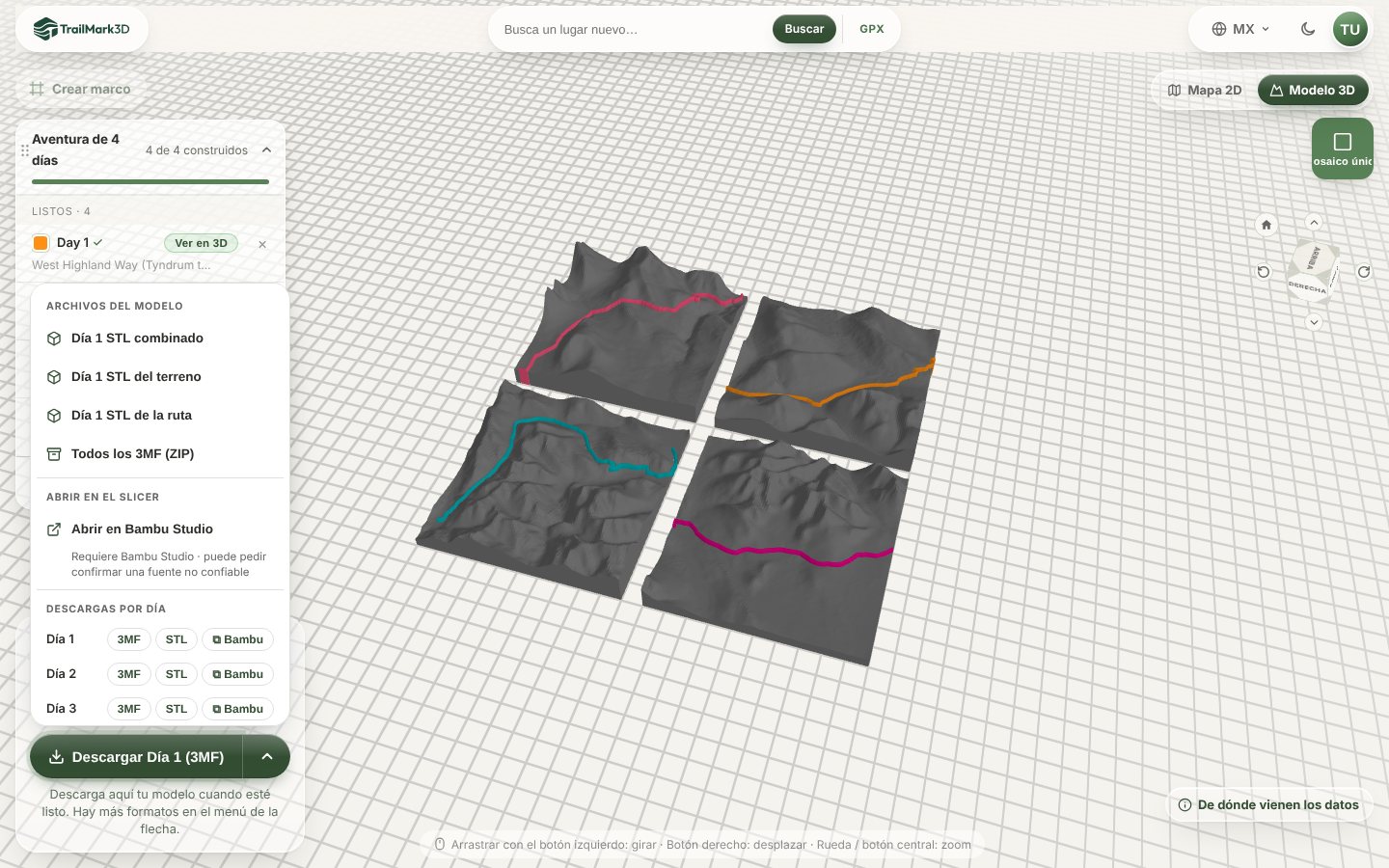 El menú de descarga de TrailMark3D para un viaje de 4 días con los archivos del modelo, Todos los 3MF (ZIP), Abrir en Bambu Studio y Descargas por día con botones 3MF, STL y Bambu para cada día