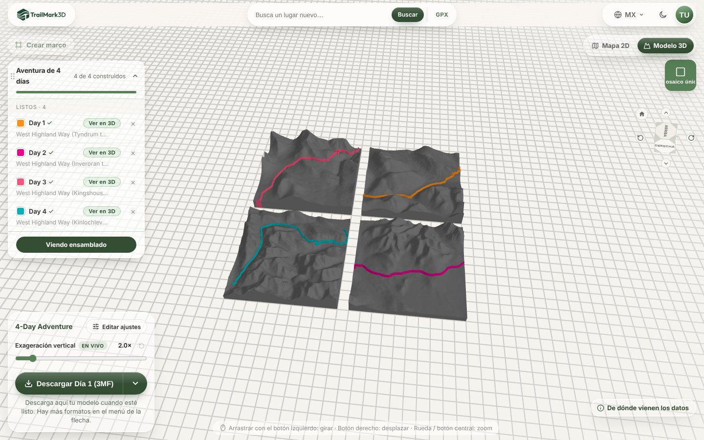 Cuatro días de la West Highland Way como cuatro placas de mapa impresas en 3D en TrailMark3D, cada una con la ruta del día en relieve en su color, ensambladas en el visor 3D