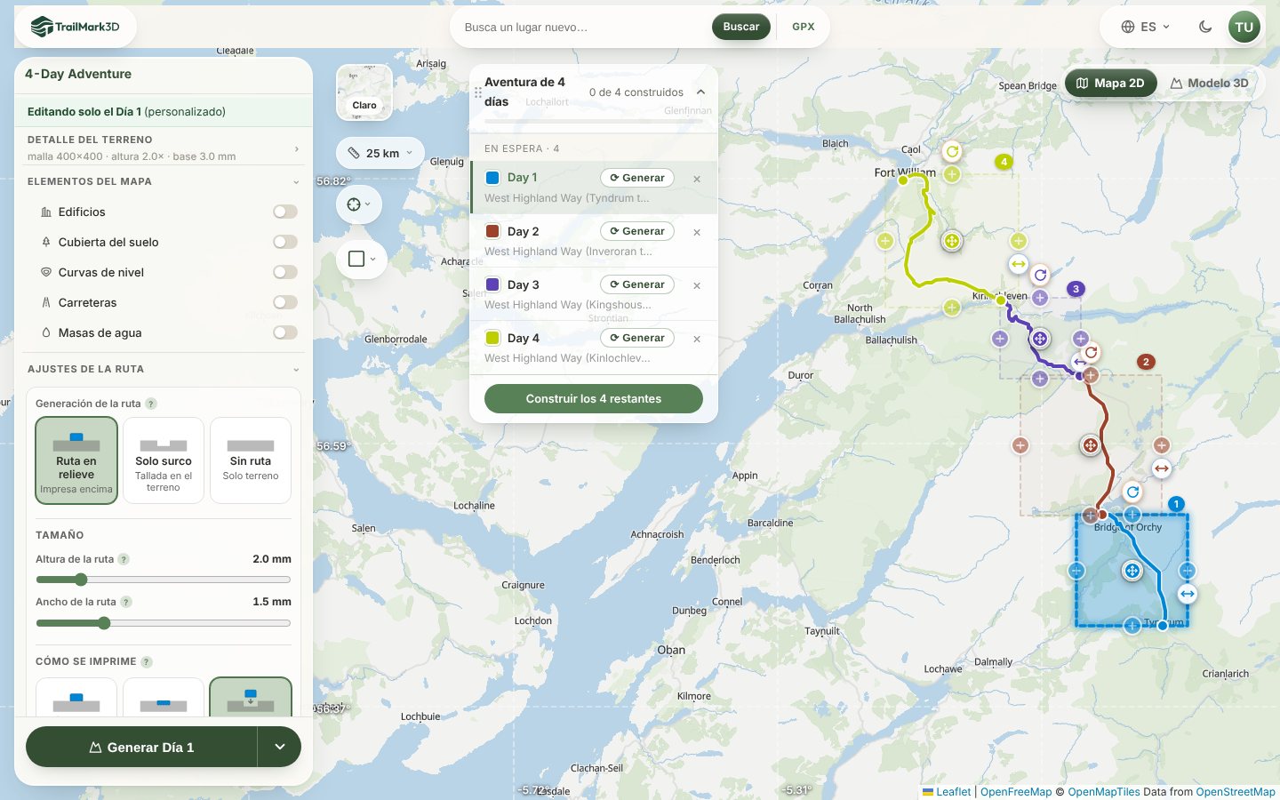 El espacio de trabajo de TrailMark3D con cuatro días de la West Highland Way en el mapa, cada día en su placa y color de ruta de Tyndrum a Fort William, y la lista Aventura de 4 días con Construir los 4 restantes