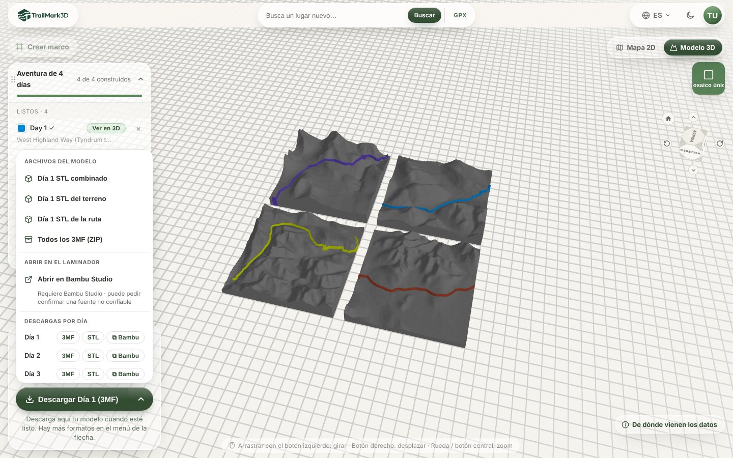 El menú de descarga de TrailMark3D para un viaje de 4 días con los archivos del modelo, Todos los 3MF (ZIP), Abrir en Bambu Studio y Descargas por día con botones 3MF, STL y Bambu para cada día