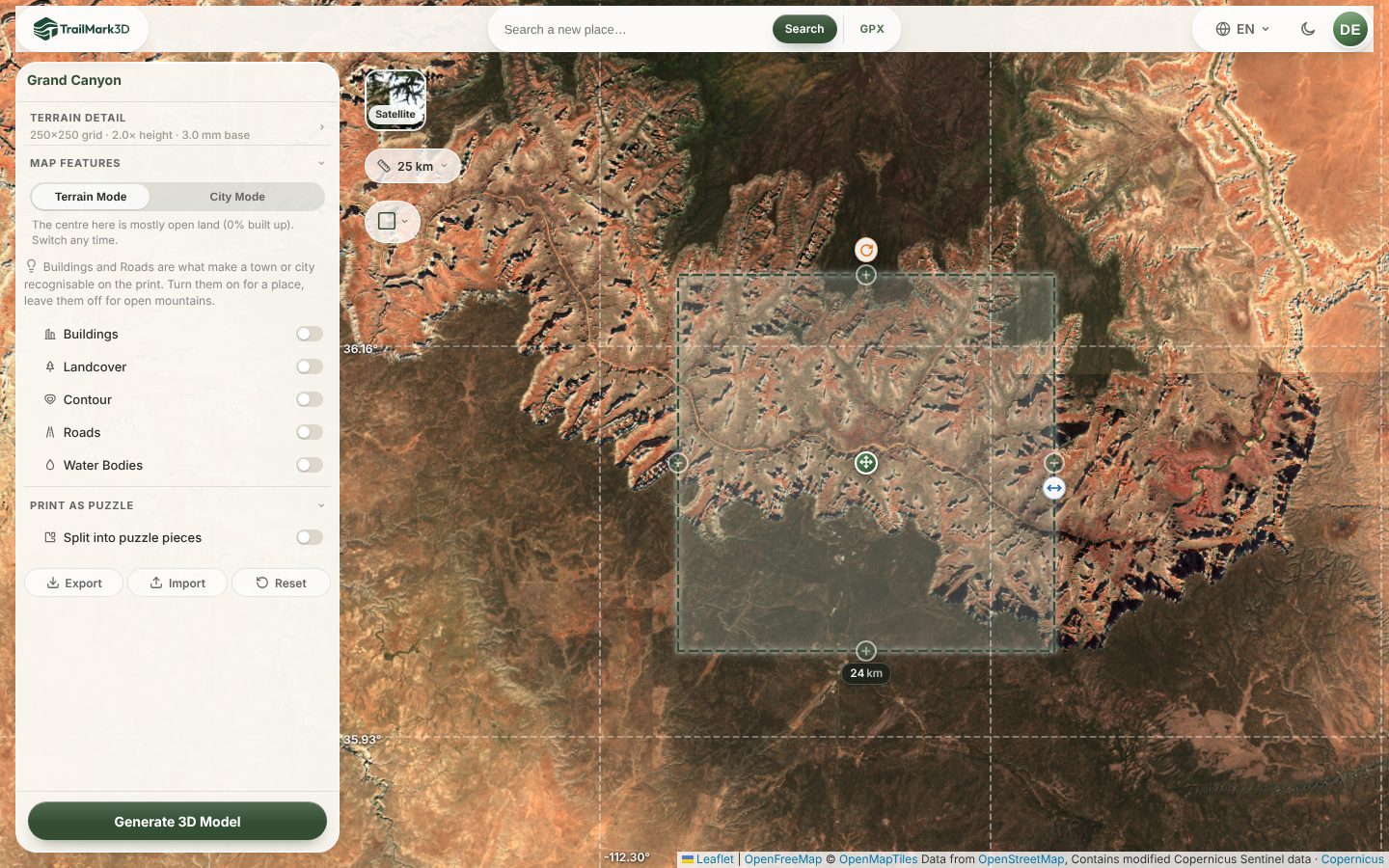 The TrailMark3D workspace with the Grand Canyon on the satellite map inside a 24 km square tile, with the move, resize and rotate handles