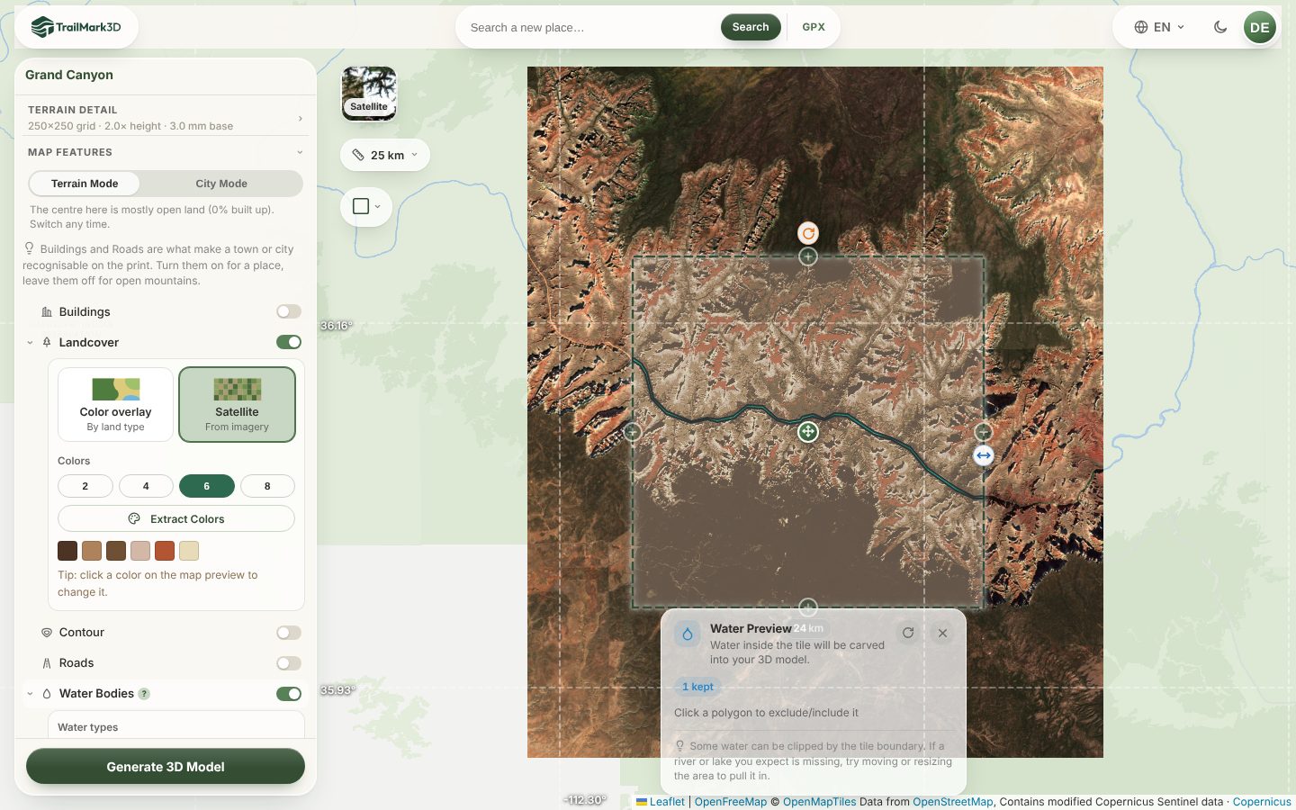 The TrailMark3D workspace with Landcover set to Satellite and six print colors extracted from the imagery, Water Bodies switched on, and the Colorado River in the water preview on the map