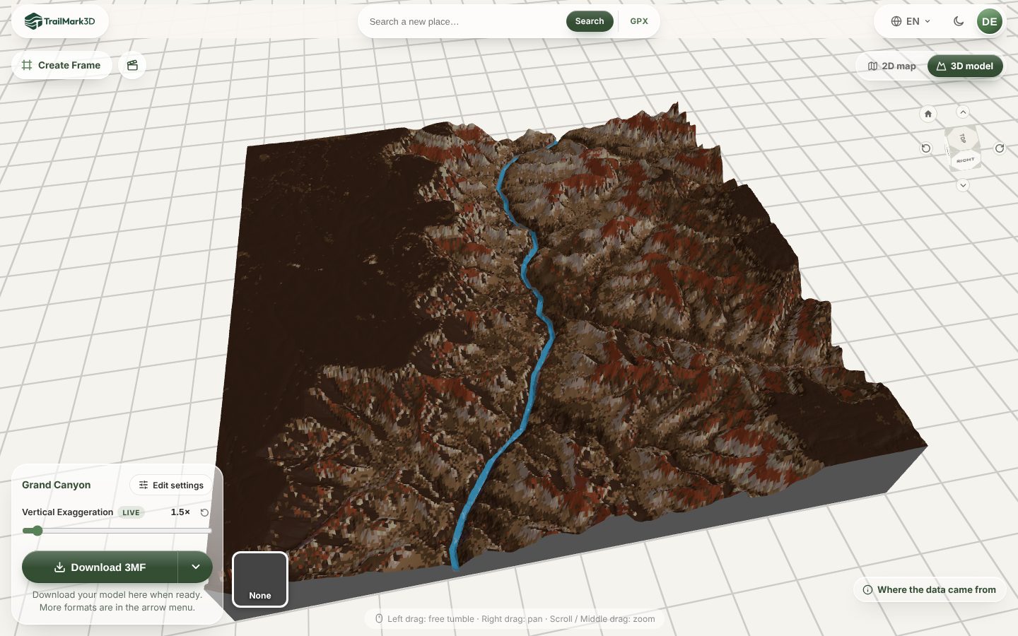 A 3D printed map of the Grand Canyon generated in TrailMark3D, with satellite colors and the Colorado River, shown in the 3D viewer