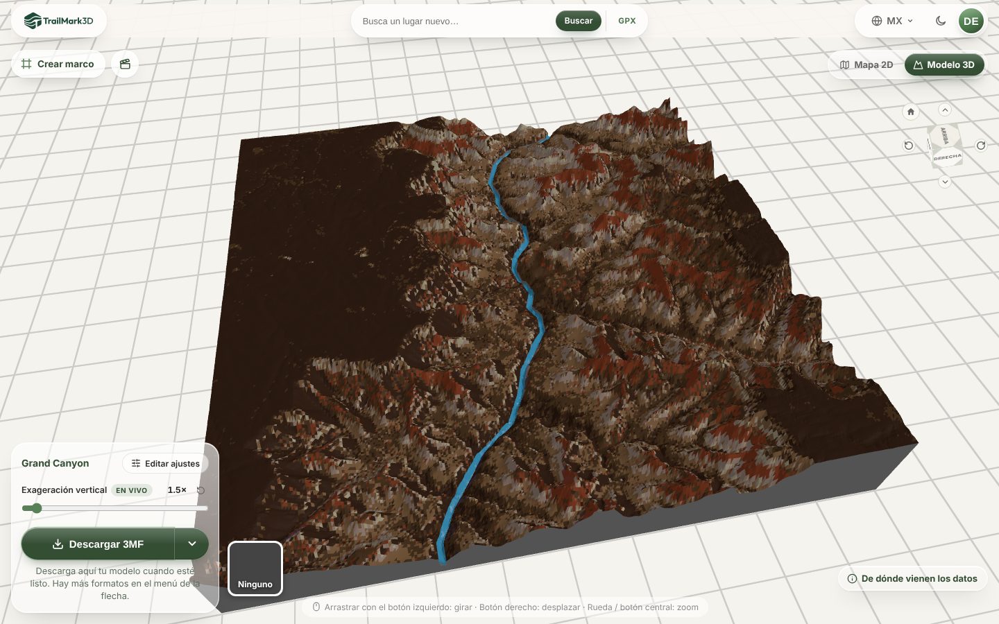 Un mapa impreso en 3D del Gran Cañón generado en TrailMark3D, con colores de satélite y el río Colorado, en el visor 3D